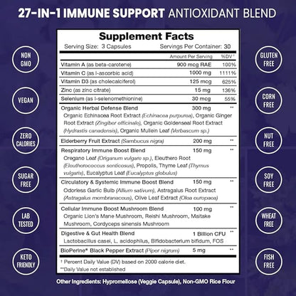 27 in 1 Immune Support Supplement | Antioxidant Immune Boosters for Adults | 90 Immune Defense Capsules | 1000mg Vitamin C, 5000 IU D3, Elderberry, Zinc, 1 Billion CFU Probiotics & More (2 Pack)