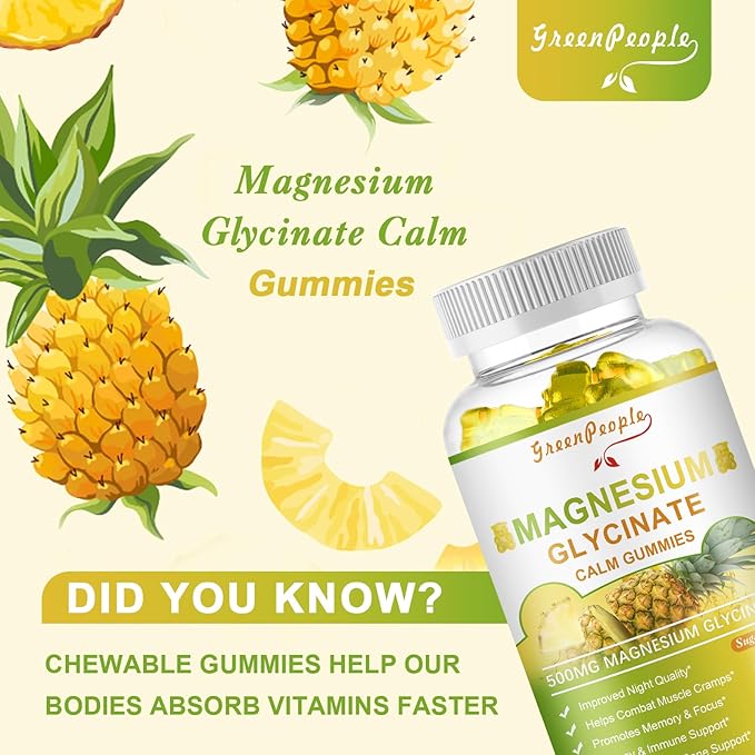 Magnesium Glycinate 500mg Gummies with Citrate 1000mg, Taurate 500mg & 200mg - 60 Pineapple