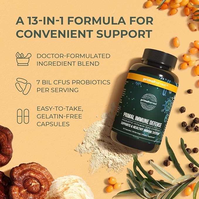 Primal Harvest Primal Immune Defense 10 in 1 Immune Support Supplement 60 Capsules Immune Vitamins, with 7 Billion CFU Pre and Probiotics, Zinc, VIT C, B6, D3, K2 - Immune Boosters for Adults