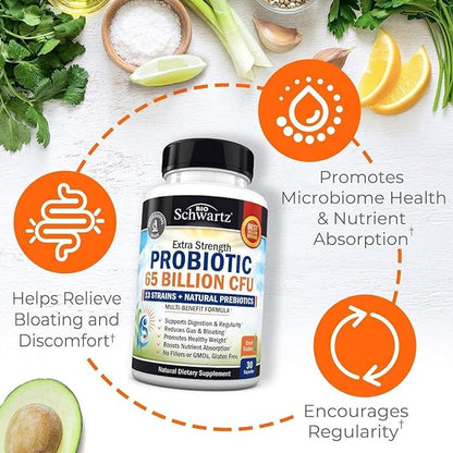 Probiotic 65 Billion - Probiotics with Prebiotic for Women & Men - Lactobacillus Acidophilus Digestive Health Capsules - Targeted Release Technology - Shelf Stable Supplement Non-GMO Dairy Free-30ct