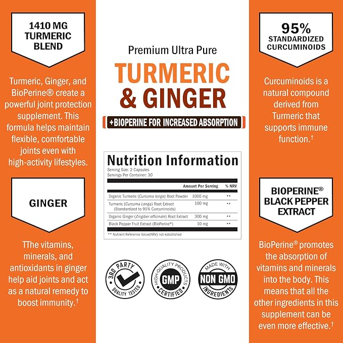 Organic Turmeric Curcumin and Ginger 95% Standardized 60 Capsules