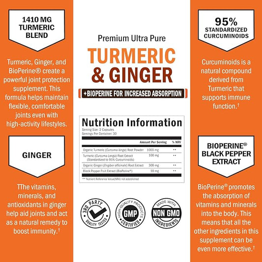 Organic Turmeric Curcumin and Ginger 95% Standardized 60 Capsules