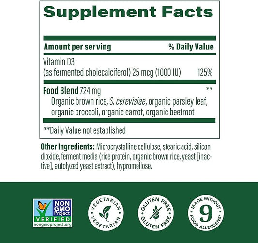 MegaFood Vitamin D3 1000 IU (25 mcg) - Vitamin D Supplements with Real Food, Immune Support, Supports Bones, Teeth & Muscles, Vegetarian, Gluten-Free, Non-GMO, Kosher – 90 Tablets, 90 Servings