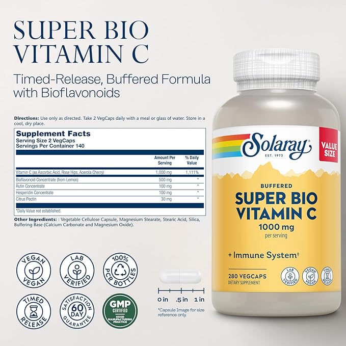 SOLARAY Super Bio Vitamin C 1000mg, 60 Day 140 Servings, 280 VegCaps
