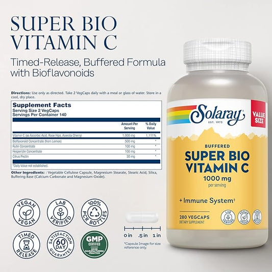 SOLARAY Super Bio Vitamin C 1000mg, 60 Day 140 Servings, 280 VegCaps