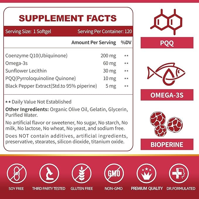 CoQ10-200mg-Softgels with PQQ, BioPerine & Omega-3, 120 Servings Q10(Ubiquinone) Supplement