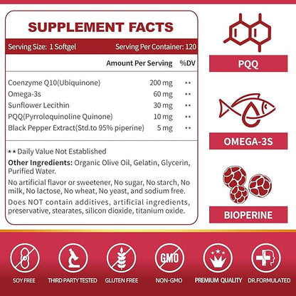 CoQ10-200mg-Softgels with PQQ, BioPerine & Omega-3, 120 Servings Q10(Ubiquinone) Supplement
