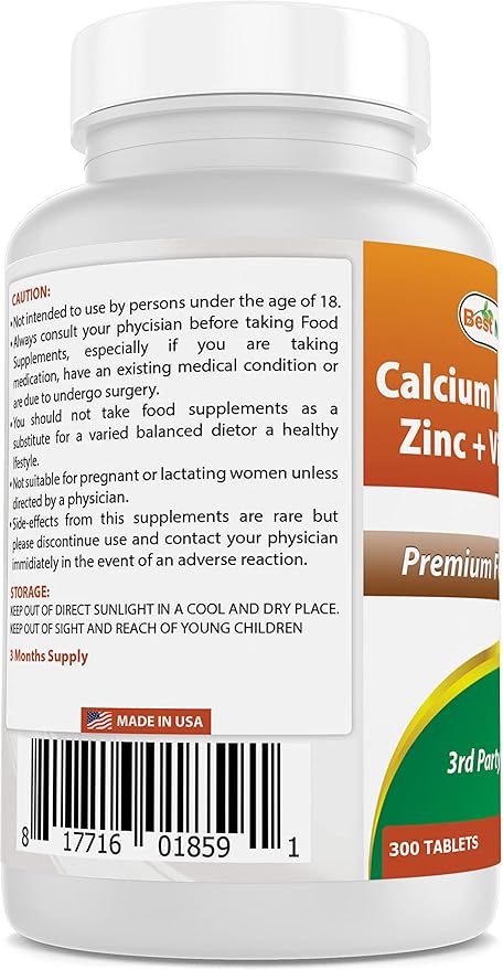 Best Naturals Calcium Magnesium Zinc D3, 300 300 Tablets 1000 mg, 400 mg, 25 mg D3 600 600 IU (3 Tablets)