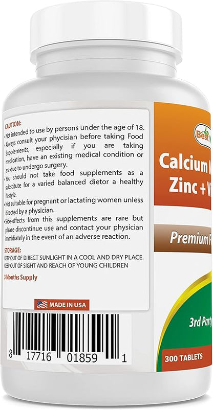 Best Naturals Calcium Magnesium Zinc D3, 300 300 Tablets 1000 mg, 400 mg, 25 mg D3 600 600 IU (3 Tablets)
