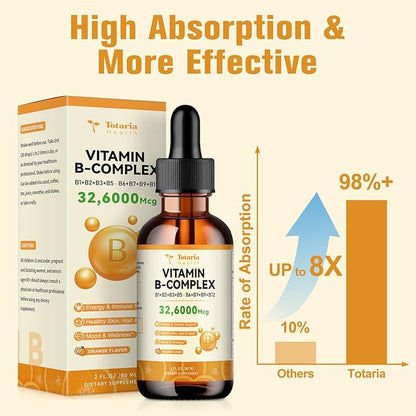 Totatria Vitamin B Complex Liquid Drops 32,6000mcg per B1, B2, B2, B3(Niacin), B3(Niacin), B5, B5, B6, B6, B7(Botin), B7(Botin), B9, B9, B12 B12 for 2 FL.OZ