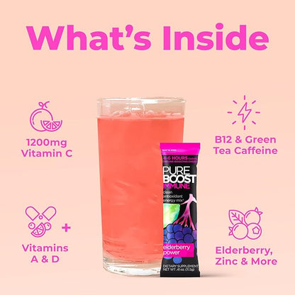 Pureboost Immune Clean Energy Booster, Refreshing Energy Drink Mix and Immunity Supplement with Elderberry, 1,200 mg Vitamin C, Vitamins A + D, and Zinc. Sugar-Free Energy (Elderberry Power, 30 Count)