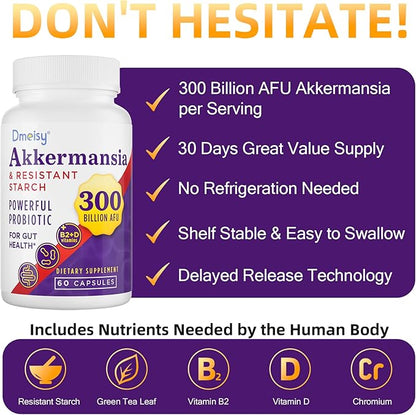 GLP-1 Supplement - 300 Billion AFU Akkermansia Muciniphila, Akkermansia Probiotic for Women & Men, for Boost GLP-1, Digestive, Gut, Immunity, Enhances Gut Lining Function & Intestinal Walls, 120 Count