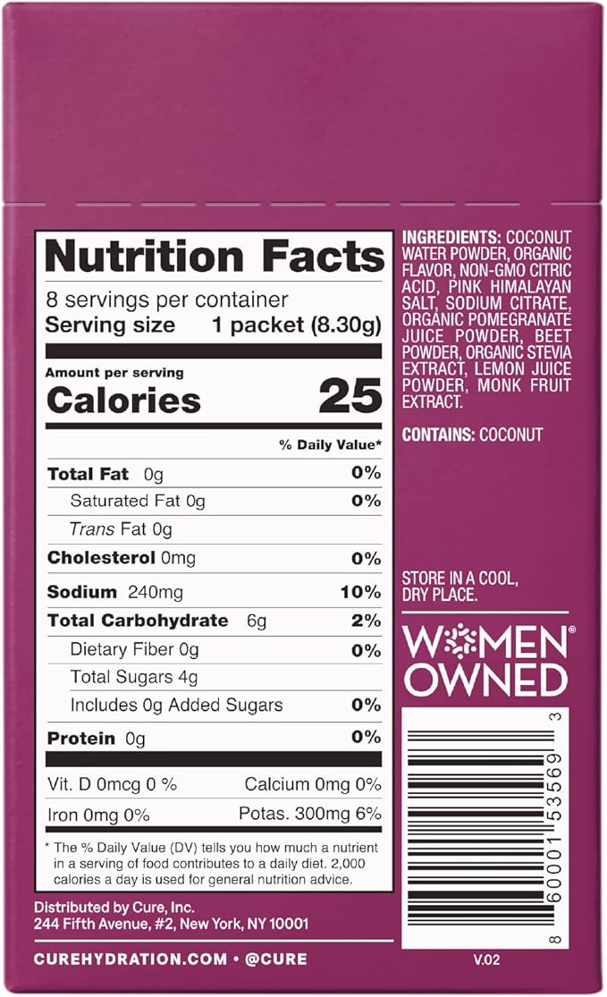 Cure Hydrating Plant Based Electrolyte Mix | Powder for Dehydration Relief | Made with Coconut Water | Non-GMO | No Added Sugar | FSA & HSA | Vegan | Box of 8 Packets - Berry Pomegranate