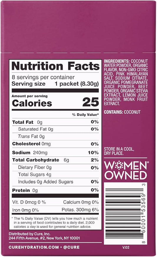 Cure Hydrating Plant Based Electrolyte Mix | Powder for Dehydration Relief | Made with Coconut Water | Non-GMO | No Added Sugar | FSA & HSA | Vegan | Box of 8 Packets - Berry Pomegranate