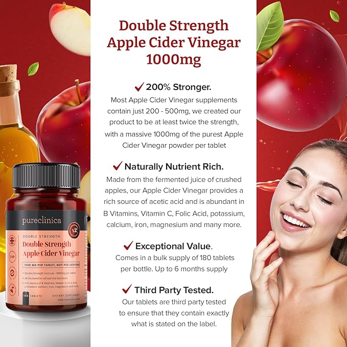 Double Strength Apple Cider Vinegar 1000mg x 180 Tablets (6 Months Supply)