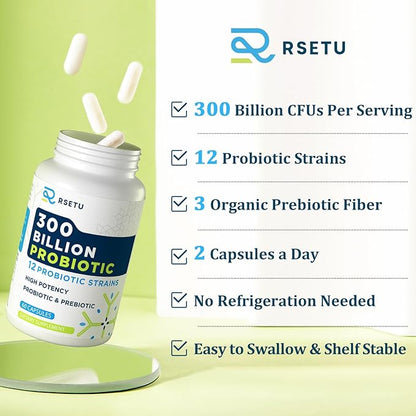 Probiotics for Women Men: 300 Billion CFU Probiotic High Potency + 12 Strains Organic Probiotics with Prebiotics, Daily Probiotic Supplement for Digestive, Gut, Immune and Bloating Health, 60 Capsules