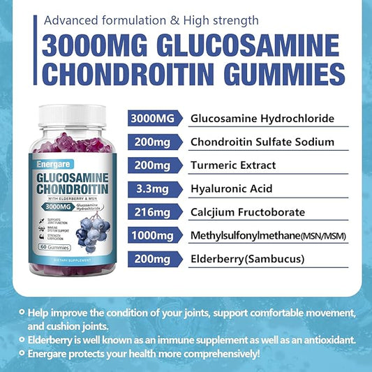 1 Pack 3000mg Glucosamine Chondroitin with MSM Gummies & Elderberry, Extra Strength Joint Support Health, Flexibility, Antioxidant, Immune Supplement Gummy for Adults, Men & Women 60 Counts
