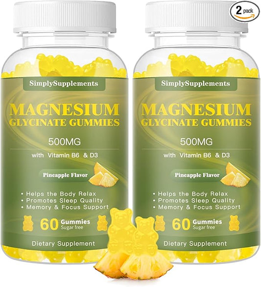 Magnesium Glycinate Gummies 500mg, Chewable Magnesium D3, B6, B6, CoQ10, CoQ10, for 60 Pineapple (2 Pack)