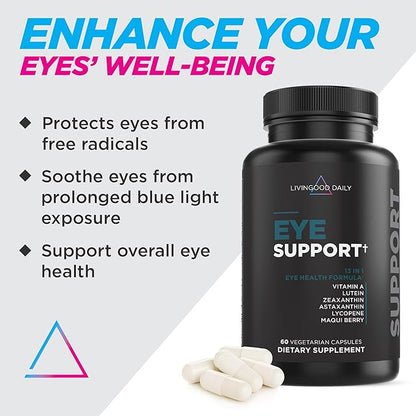Livingood Daily Lutein & Zeaxanthin Supplements, Eye Support (60 Vegetarian Capsules) - Eye Vitamins with Astaxanthin, Vitamin A, Maqui Berry & Lycopene Support Eye Health - Eye Supplements for Adults