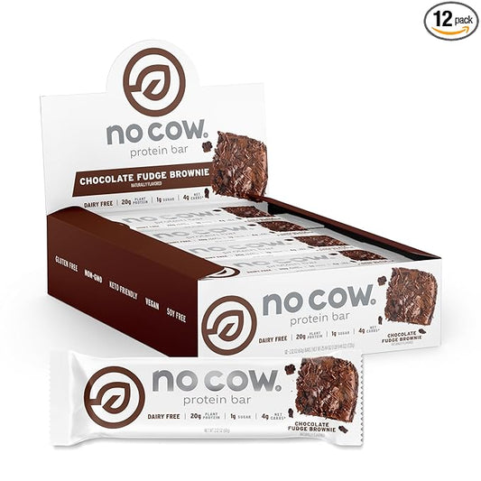 No Cow High Protein Bars, Chocolate Fudge Brownie - Healthy Snacks, 20g Vegan Protein, High Fiber, Low Sugar, Keto Friendly, Dairy & Gluten Free (12 Count)