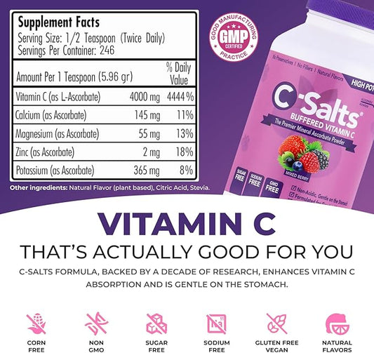 4000mg Vitamin C Powder Supplement - 100% Pure Buffered Powdered Drink with Ascorbate C - Potent Immune Support, Stomach-Friendly Absorption, Organic, Vegan, Sodium & Sugar-Free, Original 26oz
