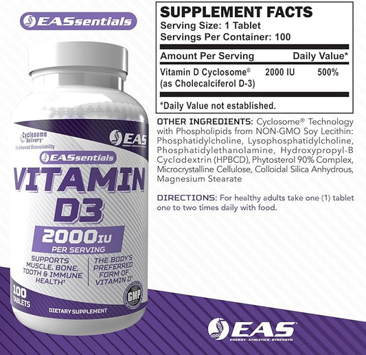 EAS Vitamin D3 2000 IU | Supports Muscle, Bone, Tooth, & Immune Health | Gluten Free, Non GMO | Better Absorption with Cyclosome Delivery | 100 Tablets