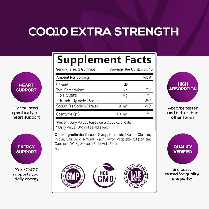 CoQ10 100mg Gummies 3X Better Q10 Vitamins, 10 Supplements, 30 CoQ10 CoQ10 Gummies