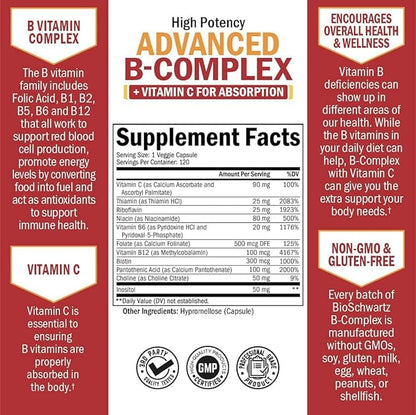 Vitamin B Complex with Vitamin C for Maximum Absorption - Methylcobalamin b12 & Folate Folic Acid Supplement - Vitamins B1 B2 B3 B5 B6 B7 B9 for Immune Energy & Nervous System Support - Non-GMO 120ct