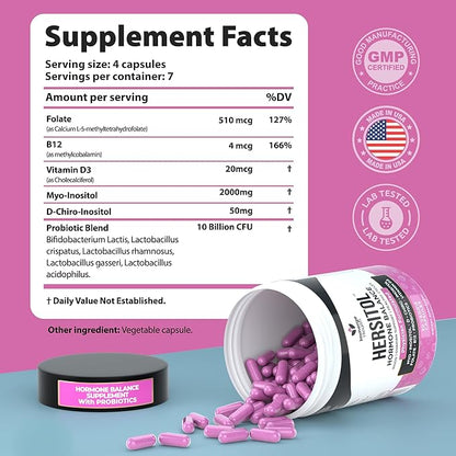 Hormone Balance for Women, PCOS, Ovarian Support, Fertility, Menstrual Cycle | Myo-Inositol & D-Chiro Inositol Supplement 40:1 Ratio With Folic Acid, B12 & Probiotics | Female Vitamins 30 Capsules