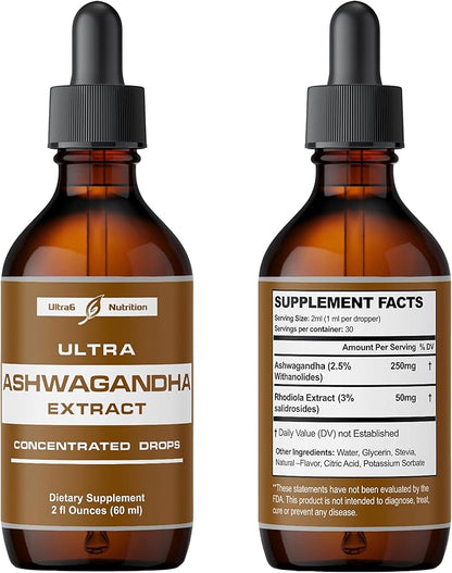 Ashwagandha Liquid Drops - Ashwagandha Supplements with Rhodiola Rosea Tincture - Organic Ashwagandha Root Extract for Mood and Energy - Supplement for Men & Women