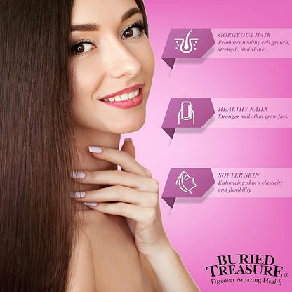 Buried Treasure Hair, Skin and Nails with MSM Biotin Aloe Vera plus Vitamins and Minerals in a High Potency Liquid Whole Food Complex for Fuller Hair, Stronger Nails and Clearer Skin 16 oz