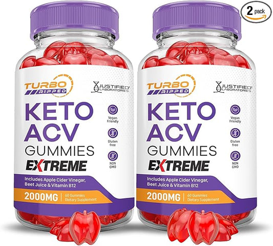 Justified Laboratories (2 Pack Turbo Ripped Keto ACV Gummies Extreme 2000MG Turbo Ripped Keto Gummies Apple Cider Vinegar Formulated with Pomegranate Beet Juice Powder B12 Vegan Non GMO 120 Gummys