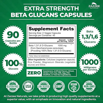 Zazzee Extra Strength 1,3/1,6 Beta Glucans, 1000 mg, 100% Concentrated, 90 Vegan 100% Vegetarian,