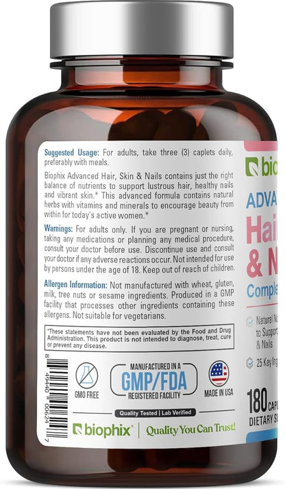 biophix Hair Skin and Nails Complex 180 Caplets with 10,000 mcg Biotin - Multivitamin Supports Strong Nails Beautiful Hair Healthy Aging