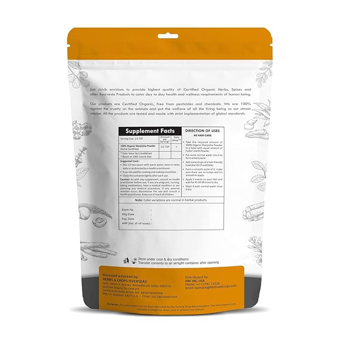 Just Jaivik 100% Organic Manjistha Powder 227 gms 1/2 LB 08 Oz