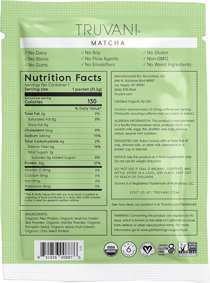Truvani Vegan Pea Protein Powder 20g Organic 1 Serving