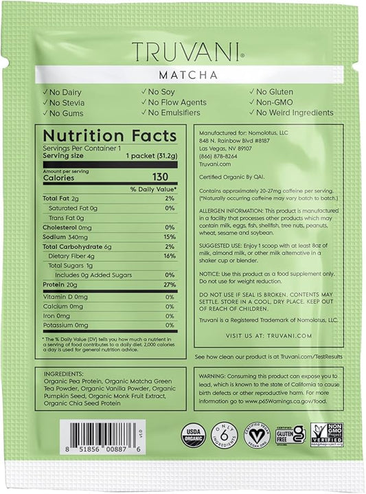 Truvani Vegan Pea Protein Powder 20g Organic 1 Serving