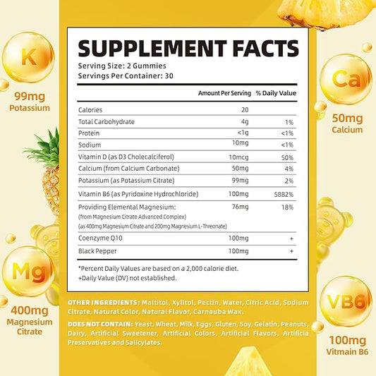 softbear Potassium Gummies for Adults, Sugar-Free Potassium Magnesium Supplement with Vitamin B6 CoQ10 for Leg Cramps Muscle Health Vegan Pineapple Flavor 60 Gummies