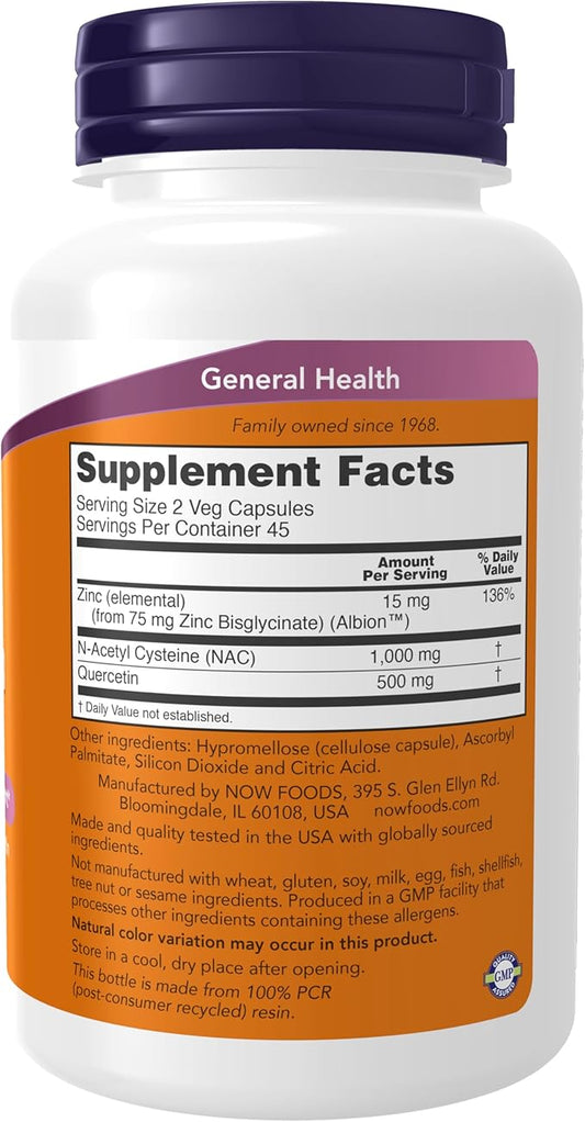 NOW Supplements, NAC Quercetin and Zinc, 1,000 mg 500 mg 15 mg 90 Veg