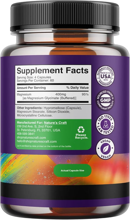 Pure Magnesium Glycinate 400mg Per Serving - Vegan High Absorption Chelated Magnesium Capsules for Women & Men with Elemental Magnesium 400mg for Mood Sleep and Relaxation Support - 60 Servings