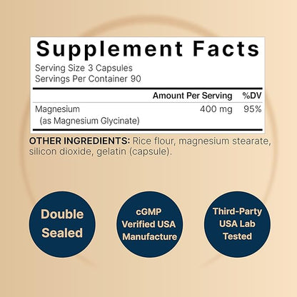 NatureBell Magnesium Glycinate 400mg (Elemental), 270 Capsules – 100% Chelated for Max Absorption | Non-GMO & No Gluten, Bioavailable Mineral Supplement for Muscle, Joint, Enzyme, & Heart Health