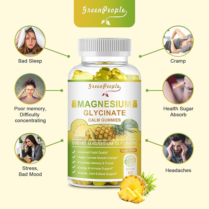 Magnesium Glycinate 500mg Gummies with Citrate 1000mg, Taurate 500mg & 200mg - 60 Pineapple
