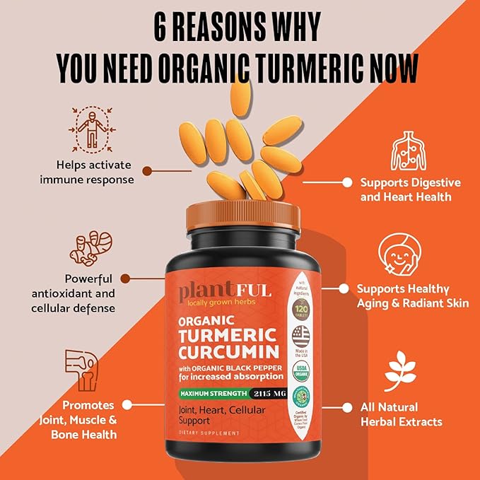 Organic Turmeric Supplement with Black Pepper 2115mg] Antioxidant 120 Tablets