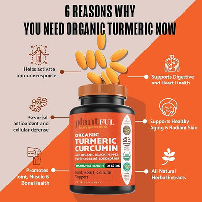 Organic Turmeric Supplement with Black Pepper 2115mg] Antioxidant 120 Tablets