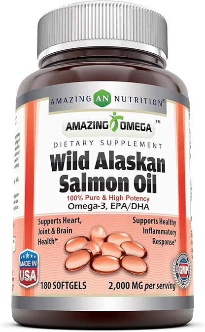 Amazing Omega Wild Alaskan Salmon Oil 2000mg Per Serving Softgels Supplement (180 | 2 Pack)