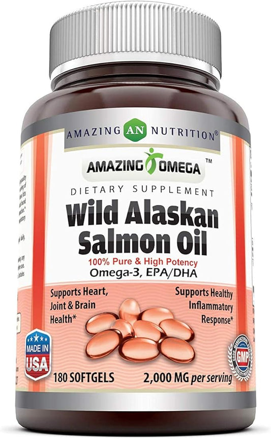 Amazing Omega Wild Alaskan Salmon Oil 2000mg Per Serving Softgels Supplement (180 | 2 Pack)