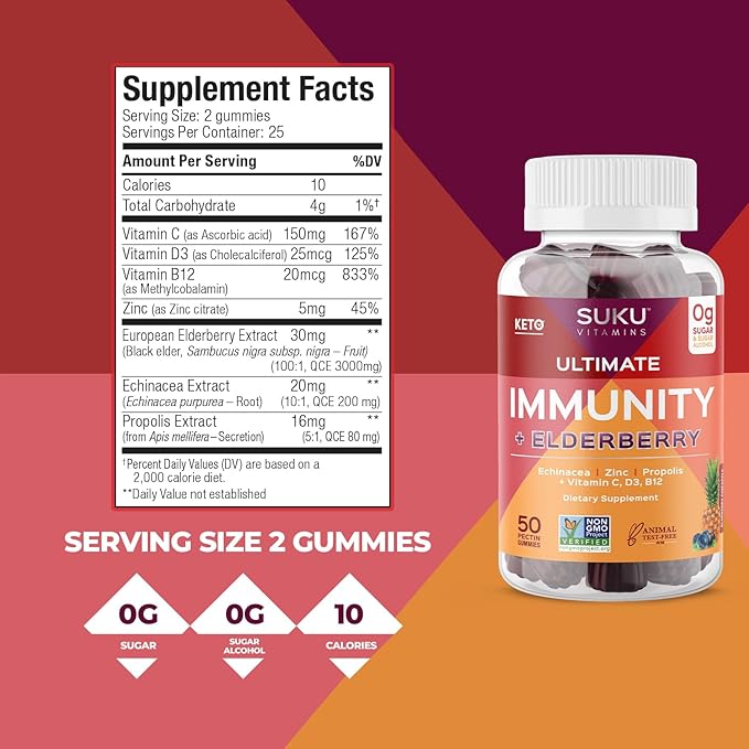 Ultimate Immunity - Elderberry Echinacea and Propolis Gummies for Immune Support, Easy to Chew - Non GMO, Gluten Sugar Free - Pomegranate Lime Flavored Gummy Vitamins, 50 Count