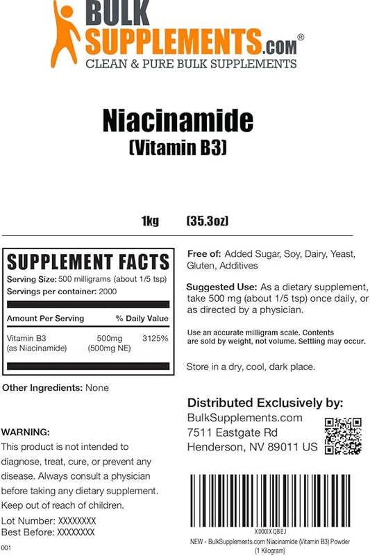 BulkSupplements.com Niacinamide Powder - Niacinamide 500mg - Vitamin B3 Niacinamide - Vitamin B3 Powder - Vitamin B3 Nicotinamide 500mg - 500mg Nicotinamide per Serving (5 Kilograms - 11 lbs)