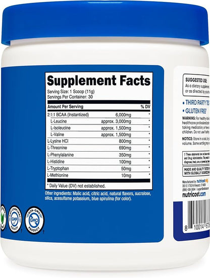 Nutricost EAA Powder 30 Servings (Blue Raspberry) - Essential Amino Acids - Non-GMO, Gluten Free, Vegetarian Friendly