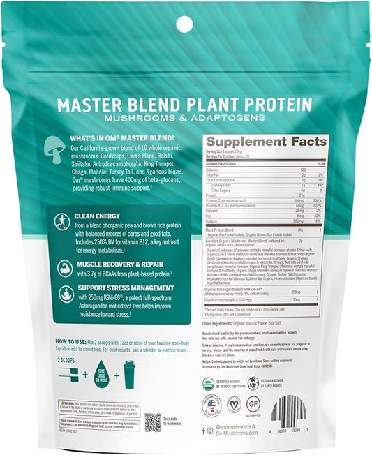 OM MUSHROOM SUPERFOOD Master Blend Mushroom Plant-Based Protein, 17.07 oz, 16 Servings Unsweetened Original